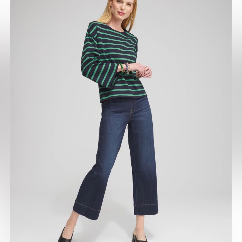Chico's 100% Cotton Green/Blue Striped Wide-Sleeve Drop-Shoulder T-Shirt 2 (L) - Picture 11 of 11